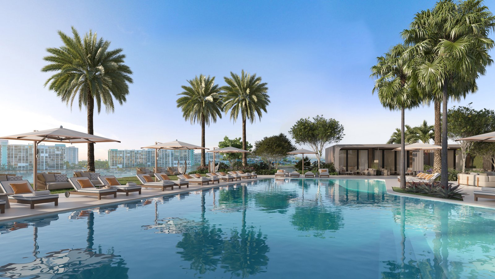 Icon Beach pool with sun shelf and cabanas