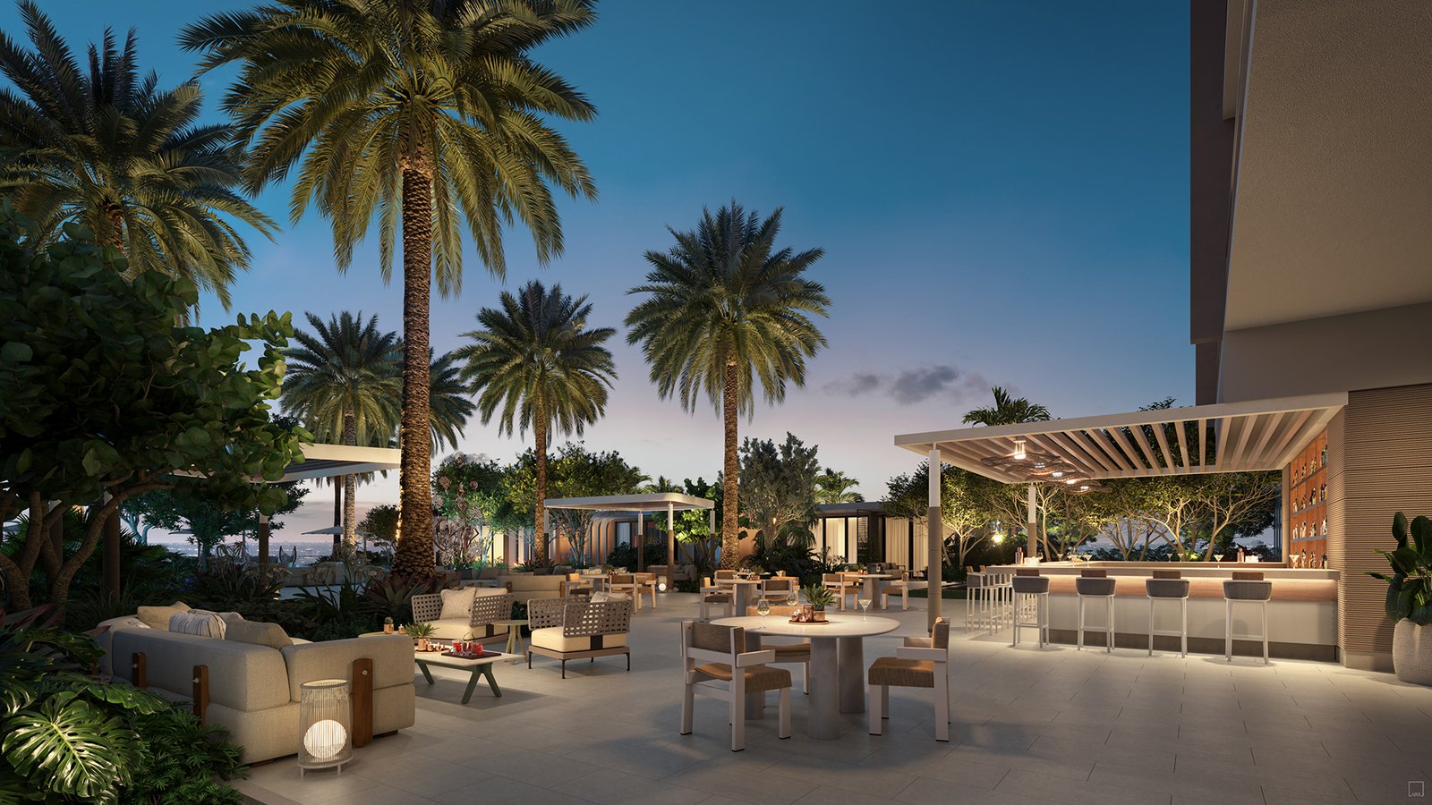 Icon Beach outdoor pool bar at sunset