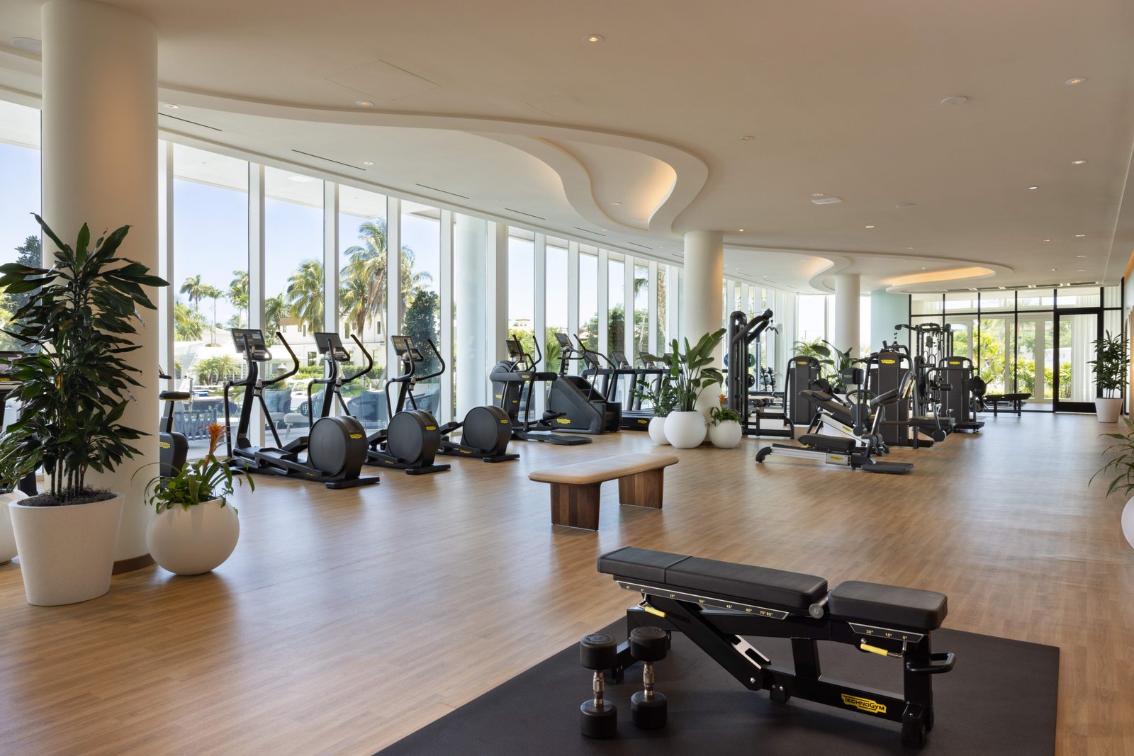 Pier Sixty-Six Technogym fitness center with floor to ceiling windows