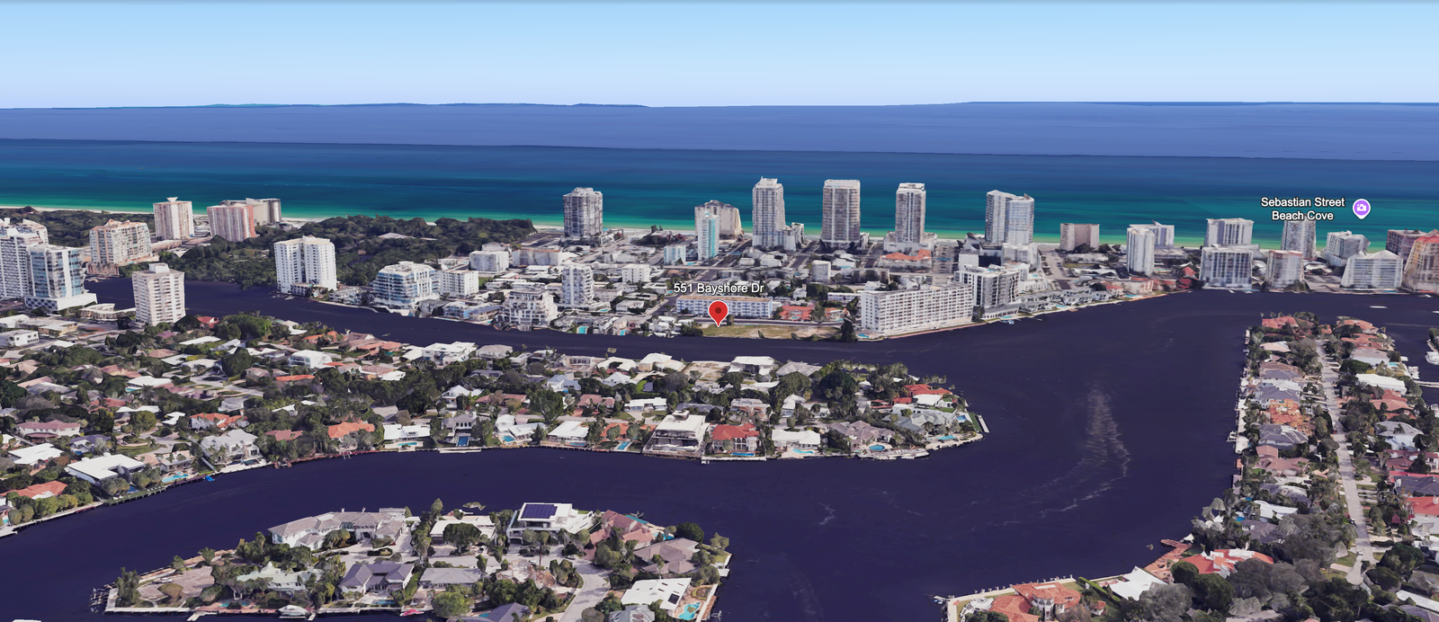 Google Earth 3D aerial view showing exact site location at 551 Bayshore Drive